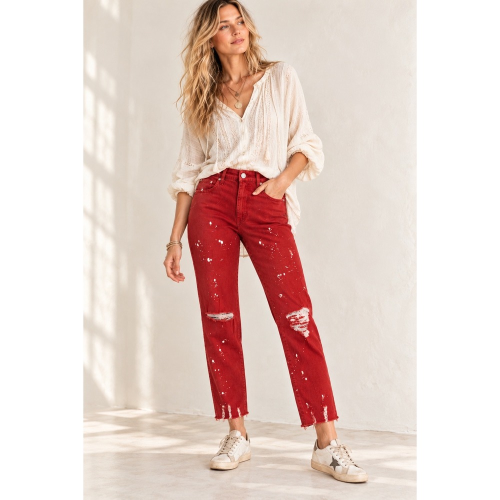 Easel Los Angeles Rust Red Distressed Paint Splatter Straight Leg Jeans M NWT